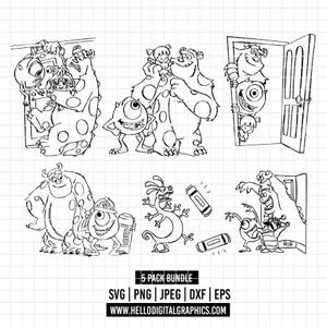 3367 - Monster inc scenes line art pack bundle Svg, Eps, Png, Dxf, Jpeg (scenes with Mike - Sullivan - Boo - Randall)