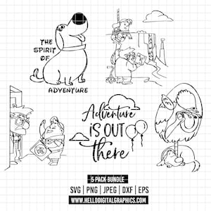 May include: Black and white digital art bundle featuring characters and phrases from the animated film "Up." Includes images of Dug the dog, Carl, Russell, Kevin the bird, and the phrase "Adventure is Out There."