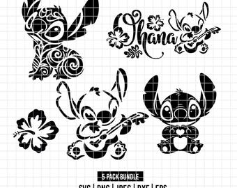 2385 - Pacchetto Stitch Svg, Eps, Png, Dxf, Jpeg (ohana - fiori - chitarra - cuore)