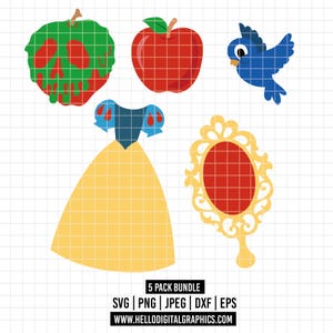 2319 - Ensemble dtf d'icônes Blanche-Neige en couleur Svg, Eps, Png, Dxf, Jepg (pomme hantée - pomme - oiseau - miroir - robe)