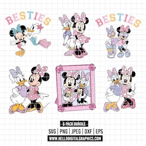 May include: A collection of six cartoon graphics featuring Minnie Mouse and Daisy Duck in various poses. The word "BESTIES" appears in pastel colors above some of the images. The bottom of the image includes file type options and a website address.