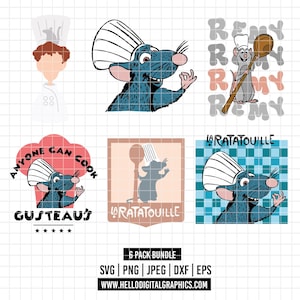 May include: A collection of six digital graphics featuring the character Remy from the movie Ratatouille. The images include Remy in a chef's hat, with text like "Remy", "Anyone Can Cook", and "La Ratatouille". The graphics are available in SVG, PNG, JPEG, DXF, and EPS formats.