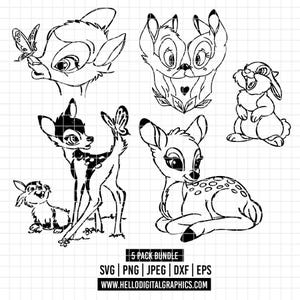 Puede incluir: Ilustraciones en blanco y negro de ciervos y un conejo. Un ciervo tiene una mariposa en la nariz. Otro ciervo está acostado. El texto "5 PACK BUNDLE" está en la parte inferior, junto con abreviaturas de tipos de archivo y una dirección web.