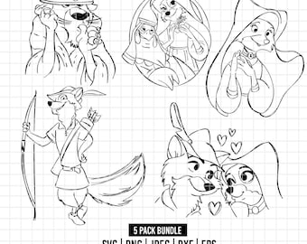 2746 - Paquete de arte lineal de Robin Hood en SVG, EPS, PNG, DXF y JPEG (Príncipe Juan, Doncella Marian, Lady Kluck, Robin Hood y amor)