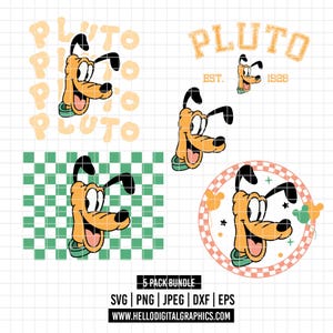 Puede incluir: Una colección de gráficos de Pluto en varios diseños. Pluto se representa con una expresión sonriente, usando un cuello verde. Los diseños incluyen el texto "PLUTO" y "EST. 1928". La imagen también incluye el texto "5 PACK BUNDLE" y opciones de tipo de archivo.