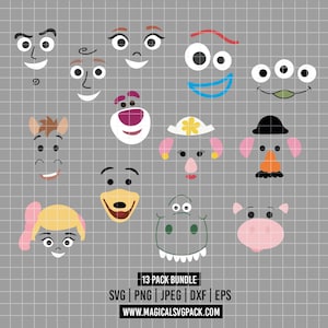 May include: A collection of thirteen cartoon character faces featuring various expressions, eyes, noses, and mouths in a flat graphic style. The image includes text at the bottom that reads 13 PACK BUNDLE SVG PNG JPEG DXF EPS WWW.MAGICALSVGPACK.COM.