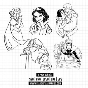 以下が含まれることがあります： 白雪姫のキャラクターをフィーチャーした白黒イラストバンドル。画像には、リンゴを持つ白雪姫、白雪姫、王子との白雪姫、つるはしを持つ小人、邪悪な女王が含まれます。「5 PACK BUNDLE」のテキストが含まれています。