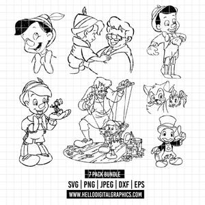 3479 - Pinocchio pack bundle line art Svg, Png, Eps, Dxf, Jpeg (posing - with Geppetto - Jiminy Cricket - Figaro and Cleo)