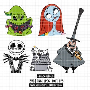 May include: A digital graphic bundle featuring characters from The Nightmare Before Christmas. Includes images of Jack Skellington, Sally, Oogie Boogie, and others. The text "5 PACK BUNDLE" and website address are also included.