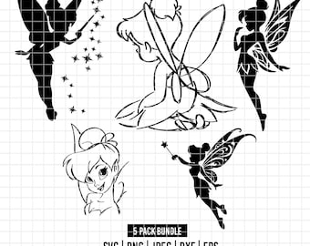 3613 - Tinker bell pack bundle Svg, Eps, Png, Dxf, Jpeg (Shadow with stars - silhouette - Sketch - smiling - magic wand)