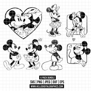 Puede incluir: Ilustraciones en blanco y negro de Mickey y Minnie Mouse en varias poses. Una imagen presenta a la pareja dentro de un corazón. Otras imágenes muestran a los personajes de pie y sonriendo. El texto "6 PACK BUNDLE" está en la parte inferior.