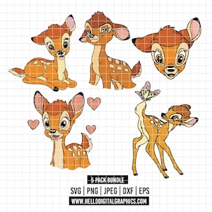 Puede incluir: Colección de cinco ilustraciones de ciervos de dibujos animados en varias poses. Los ciervos son principalmente de color naranja y marrón con manchas blancas y orejas grandes. Un ciervo tiene una mariposa en la espalda. El texto "5 PACK BUNDLE" está en la parte inferior.