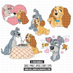 Könnte beinhalten: Ein digitales Kunstpaket mit fünf Illustrationen von Hunden. Die Bilder zeigen zwei Hunde, die sich in einem rosa Herzen küssen, zwei Hunde, die sich umarmen, einen Hund mit dem Kopf auf der Pfote, zwei Hunde, die Spaghetti teilen, und einen Hund mit Herzen und Vögeln.