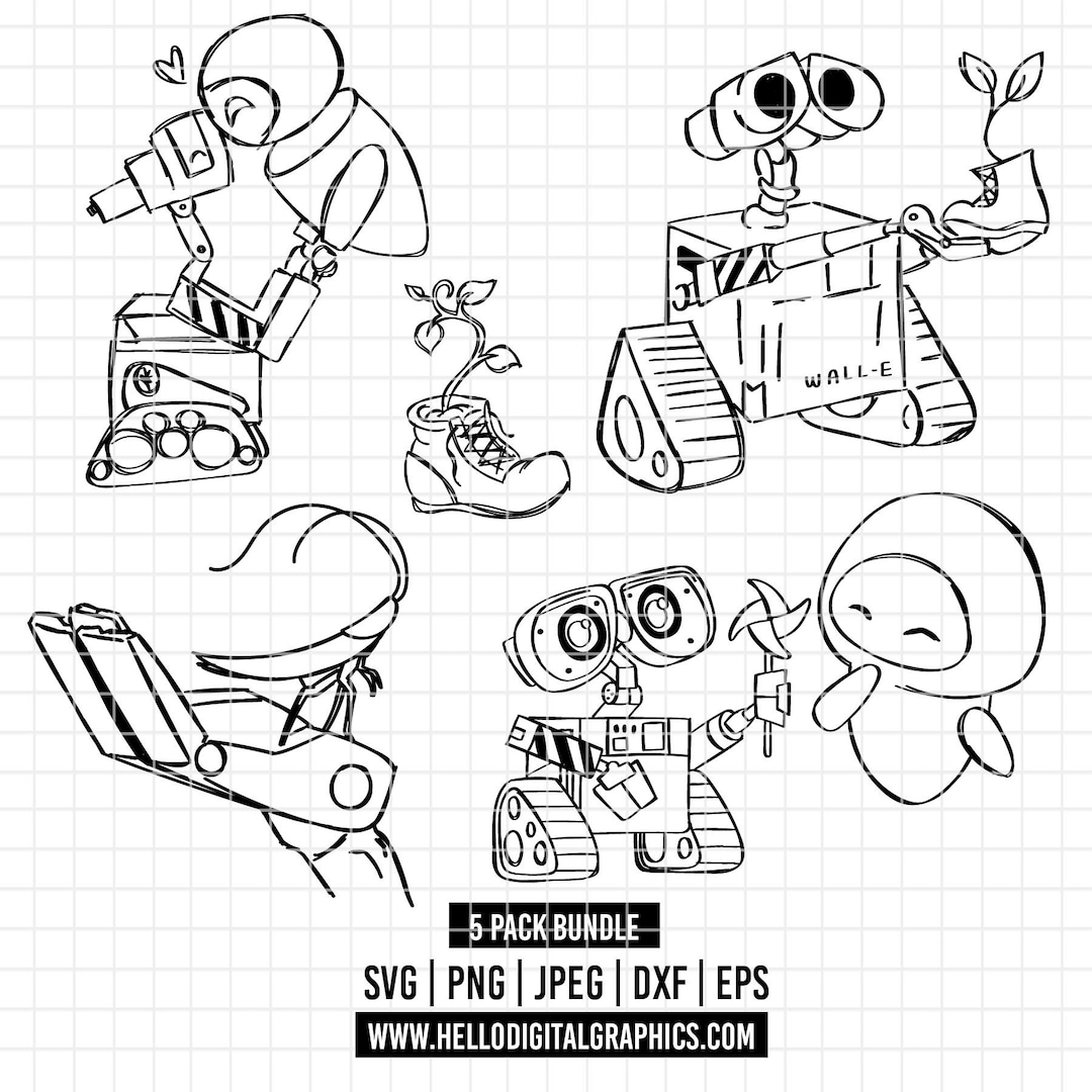 3729 - Wall-e Line Art Pack Bundle Svg, Eps, Png, Dxf, Jpeg (wall