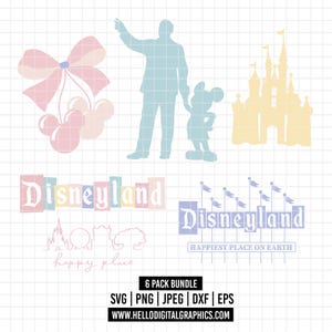 May include: A digital graphic bundle featuring various Disneyland-themed designs. Includes a bow with Mickey Mouse-shaped cherries, a silhouette of Walt Disney and Mickey Mouse, a castle, and the word "Disneyland" in multiple styles. The text "Happiest Place on Earth" is also included.