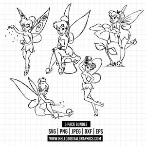 2607 - Tinker bell line art pack bundle Svg, Eps, Png, Dxf, Jpeg (magic - sitting - on a flower - posing - dancing)
