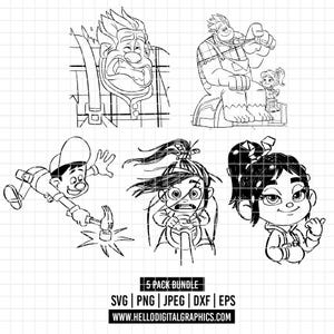 May include: Black and white line art bundle featuring five cartoon characters in various action poses. The characters include a large man, a small girl, and three other figures. Text at the bottom reads "5 PACK BUNDLE" and lists file types.
