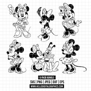 May include: A black and white 6-pack bundle of Minnie Mouse SVG, PNG, JPEG, DXF, and EPS digital files. The images feature Minnie Mouse in various poses, wearing polka dot dresses and bows. The bottom of the image includes the text "6 PACK BUNDLE" and a website address.
