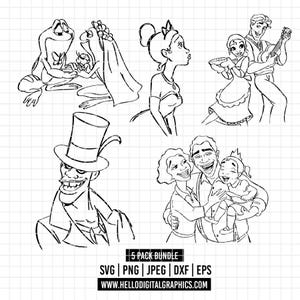 May include: Black and white line art bundle featuring characters from a fairy tale. Includes a frog, a princess, a villain, and a family. The text "5 PACK BUNDLE" is displayed with file type options and a website address.