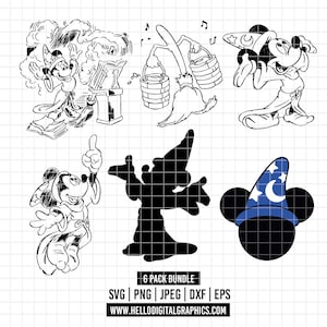 2190 - Mickeyy Fantasy Pack Bundle line art dtf svg, Eps, Png, Dxf, Jpeg (Szenen - Fliegen - Silhouette Kopf - Mickeyy Fantasy Silhouette)
