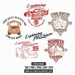 Könnte beinhalten: Eine Sammlung von sechs digitalen Designs mit Charakteren und Logos aus dem Film Cars. Designs beinhalten Lightning McQueen, Tow Mater und andere Grafiken in Rot, Braun und Weiß. Der Text enthält "Lightning McQueen" und "Cars".