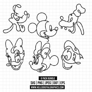 Puede incluir: Dibujos lineales negros de seis personajes de dibujos animados, incluyendo Mickey y Minnie Mouse, Donald y Daisy Duck. La imagen incluye el texto "6 PACK BUNDLE" y opciones de tipo de archivo.