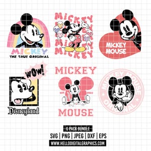 Puede incluir: Una colección de seis diseños gráficos con el tema de Mickey Mouse. Los diseños presentan a Mickey Mouse en varias poses, con elementos de texto como "Mickey", "Disneyland" y "Mickey Mouse". La paleta de colores incluye negro, blanco, rosa y amarillo.