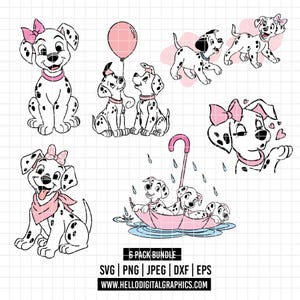 Könnte beinhalten: Ein 6er-Pack-Bundle von Dalmatiner-Hunde-Illustrationen in Schwarz und Weiß mit rosa Akzenten. Die Bilder zeigen Hunde mit rosa Schleifen, Halsbändern und einem Ballon. Ein Bild zeigt Hunde unter einem Regenschirm. Das Bundle enthält SVG-, PNG-, JPEG-, DXF- und EPS-Dateien.