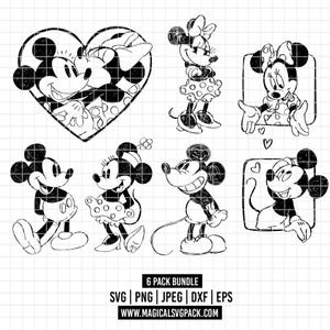 Puede incluir: Colección de ilustraciones en blanco y negro de Mickey y Minnie Mouse. Las imágenes incluyen varias poses de los personajes icónicos, incluyendo un diseño en forma de corazón. El texto en la parte inferior dice "6 PACK BUNDLE" y una dirección web.
