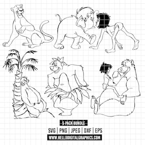 May include: Black and white line art of characters from The Jungle Book. Includes a panther, elephant, Mowgli, Baloo the bear, and a palm tree. The text "5 PACK BUNDLE" is at the bottom, along with file type options and a website address.