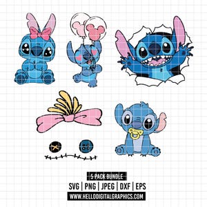 Pu&ograve; includere: Una collezione di cinque disegni di personaggi dei cartoni animati blu, tra cui uno con orecchie da coniglio e un fiocco rosa, uno con palloncini e uno che sfonda un muro. I disegni includono anche un fiocco, bottoni e un personaggio con un ciuccio. Il testo "5 PACK BUNDLE" &egrave; incluso.