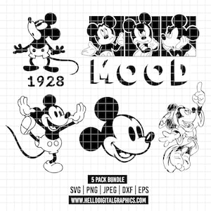 Puede incluir: Una colección de gráficos de Mickey Mouse en blanco y negro. Las imágenes incluyen varias poses de Mickey, la palabra "MOOD" y el año "1928". La parte inferior de la imagen muestra "5 PACK BUNDLE" y opciones de tipo de archivo.