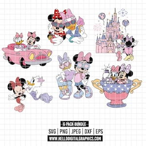 以下が含まれることがあります： ミニーマウスとデイジーダックが様々なポーズをとっている6つの漫画イラストのコレクション。画像には、ピンクの車に乗ったミニーとデイジー、アイスクリーム、お城の前などが含まれています。画像はベクター形式です。