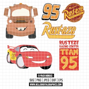 May include: A collection of cartoon car graphics, including a brown tow truck, a red race car with the number 95, and various "Rusteze" logos and text. The image also includes file format options.