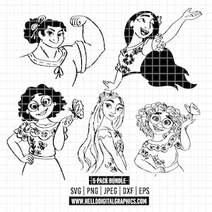 May include: Black and white digital illustrations of five women in various poses. One flexes a bicep, another dances, and two hold butterflies. The text "5 PACK BUNDLE" and file type options are included.