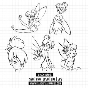3542 - Tinker bell line art pack bundle Svg, Eps, Png, Dxf, Jpeg (angry - surprised - happy - posing)