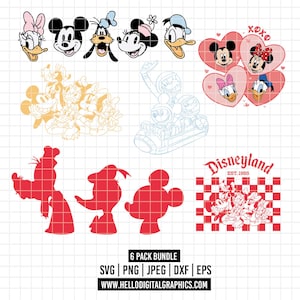 May include: A collection of Disney-themed graphics, including character faces, silhouettes, and heart-shaped designs. The image features Mickey Mouse, Minnie Mouse, Donald Duck, Daisy Duck, and Goofy. The text "Disneyland EST. 1955" is also present.