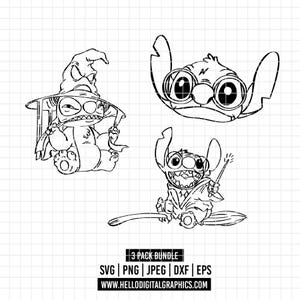 Puede incluir: Ilustración en blanco y negro de tres representaciones del personaje Stitch. Uno lleva un sombrero de mago, otro tiene ojos grandes y el tercero monta una escoba. El texto en la parte inferior dice "3 PACK BUNDLE" y enumera los formatos de archivo.