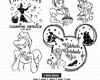2167 - Princess Cinderella pack bundle line art Svg, Eps, Png, Dxf, Jpeg (Jack and Gus - quote - eating - stepmother Lady Tremaine)