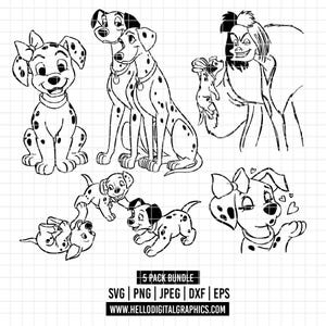 2176 - Pacchetto di disegni al tratto della Carica dei 101 in formato Svg, Eps, Png, Dxf, Jpeg (Crudelia De Mon - genitori - amore del dalmata)