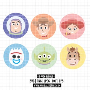 May include: A digital graphic set featuring six circular character icons on a grid background. The icons depict a space ranger, a cowboy, a cowgirl, a spork character, a three-eyed alien, and a horse. Text below reads 6 PACK BUNDLE SVG PNG JPEG DXF EPS WWW.MAGICALSVGPACK.COM.