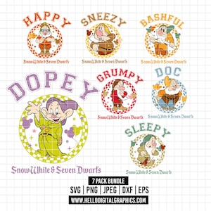 3198 - The seven dwarfs logos pack bundle SVG, EPS, PNG - Disneyy Snow White Clipart Vector. The seven dwarfs pack dtf