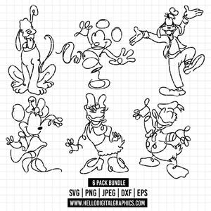 May include: A black and white line art bundle featuring six cartoon characters: Pluto, Mickey Mouse, Goofy, Minnie Mouse, Daisy Duck, and Donald Duck. The text "6 PACK BUNDLE" and file type options are included.
