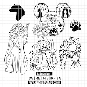 2133 - Brave, princess Merida Pack Bundle Linie Art SVG, Eps, Png, Dxf, Jpeg (Bärensilhouette - Bären-Fußabdruck - Meridas Umriss)