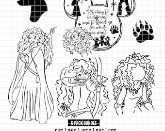 2133 - Brave, princess Merida pack bundle line art Svg, Eps, Png, Dxf, Jpeg (Bear silhouette - bear footprint - Merida outline)
