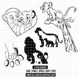 Puede incluir: Paquete de arte digital en blanco y negro con cachorros de león, un león y una jirafa. Los cachorros de león tienen forma de corazón. El paquete incluye archivos SVG, PNG, JPEG, DXF y EPS. El sitio web es www.hellodigitalgraphics.com.