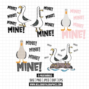 May include: A digital graphic bundle featuring cartoon seagulls with the word "MINE!" in various styles. The seagulls are in different poses, with some standing and others on a rock. The bundle includes SVG, PNG, JPEG, DXF, and EPS files.