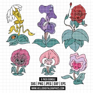 May include: Digital illustration of six cartoon flowers with faces, in shades of red, pink, purple, and yellow, with green leaves. The image includes the text "6 PACK BUNDLE" and a website address.