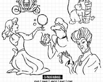 2168 - Princess Cinderella pack bundle line art Svg, Eps, Png, Dxf, Jpeg (Gus - quote - cleaning - stepmother Lady Tremaine -magic carriage)