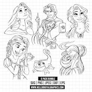 May include: Black and white line art bundle featuring characters from a popular animated film. The bundle includes images of a princess, a chameleon, and a male character. The text "6 PACK BUNDLE" and file type information are also included.
